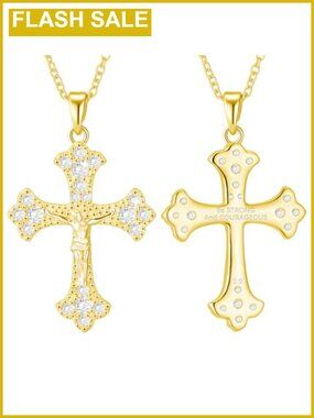 18K Gold Plated Cross Necklace for Women Cubic Zirconia Jesus Pendant 16+3 Inch